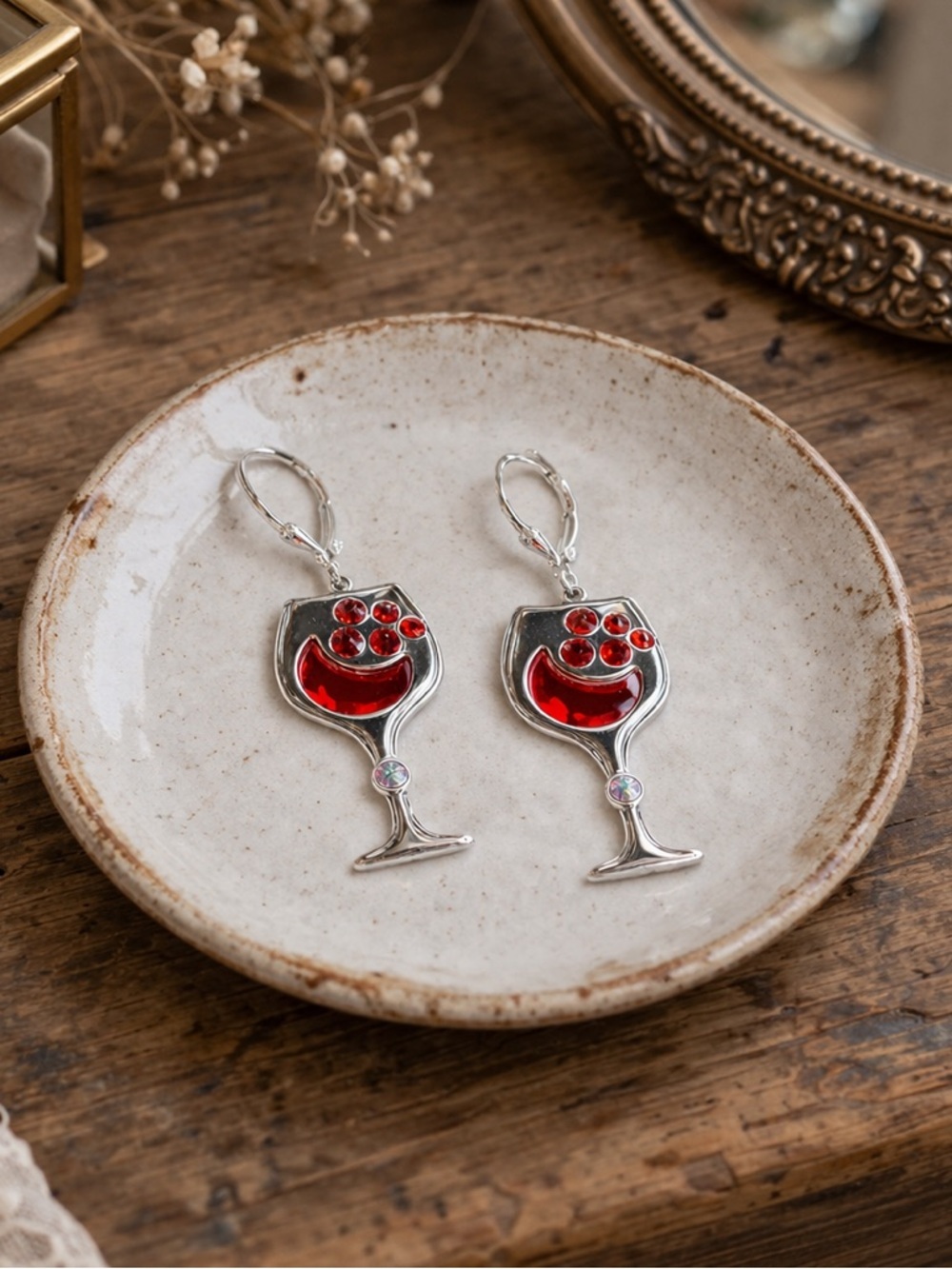 Handcrafted wine motif earrings with sparkly bright red crystal - Picture 3 of 5